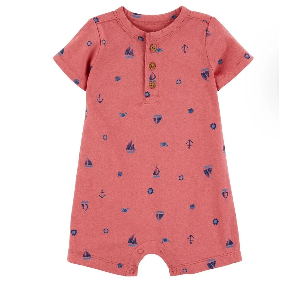 Carters 3m-24m Baby Boys Nautical Sailboat Henley Romper Coral Pink Short Sleeve